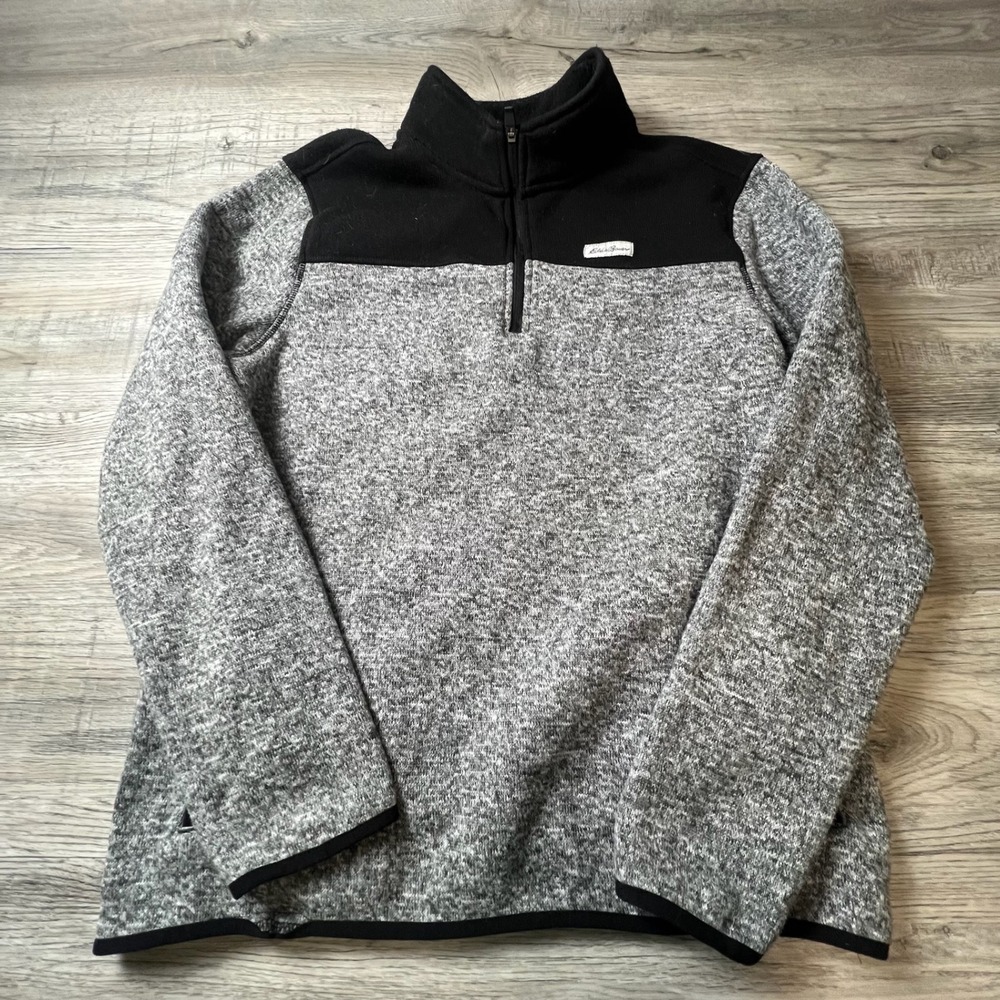 Eddie Bauer Pullover Mens Large Grey Black Quarter Zip Fleece Sweater Knit S43